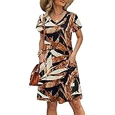 OFEEFAN Womens Summer Dresses 2026 Tulip Petal Short Sleeve V Neck Loose Swing Sundresses with Pockets Plain/Print