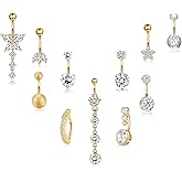 sailimue 11Pcs Gold Belly Button Ring - Surgical Stainless Steel 14G Navel Belly Button Piercing Jewelry Hypoallergenic Dangle Belly Rings for Women Silver/Gold