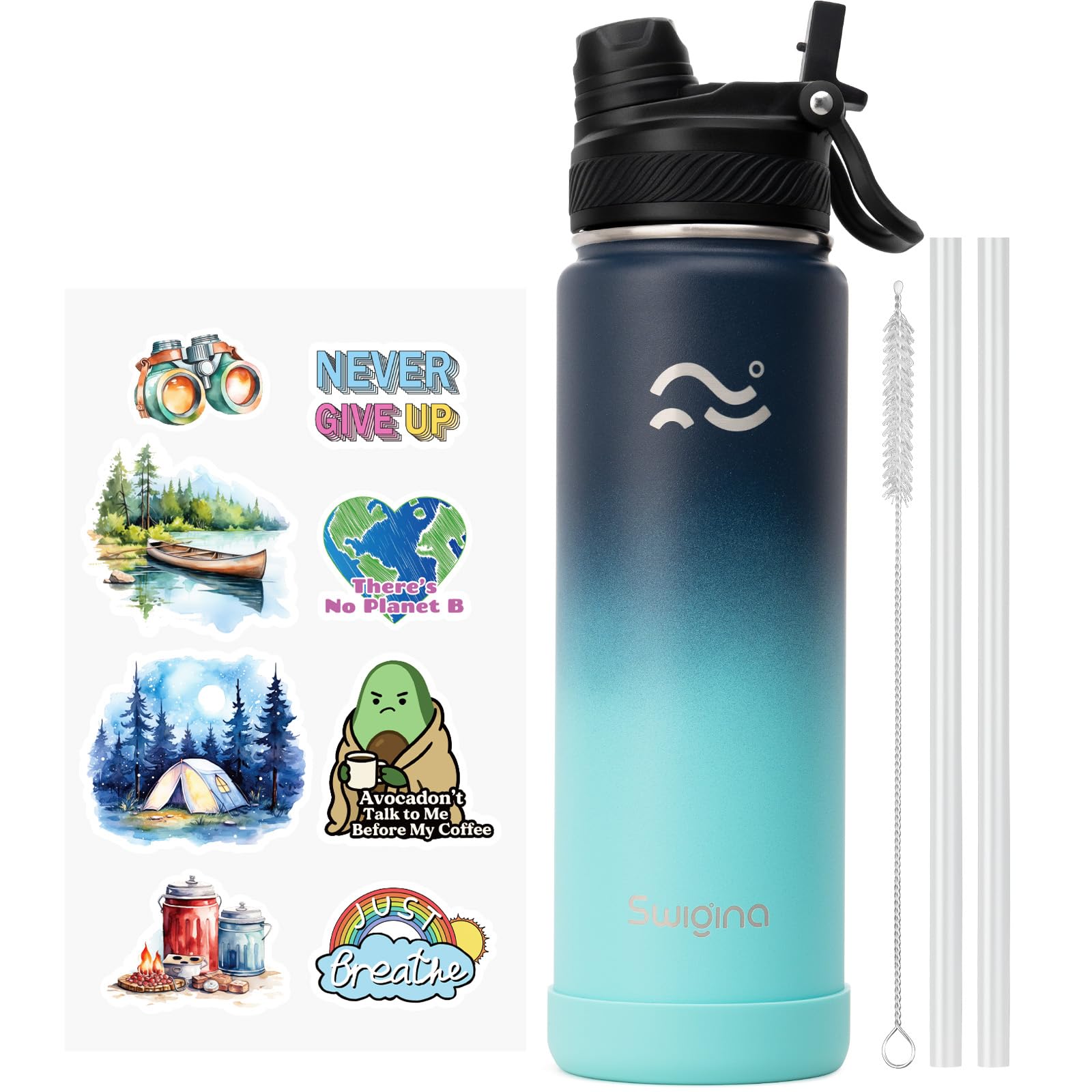 Photo 1 of Swigina [2-IN-1 LID] Insulated Water Bottle with Silicone Boot (36hrs Cold/18hrs Hot) - DIY Stickers, Leakproof, BPA Free, 24 oz