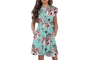 HOSIKA Girls Floral Dress Boho Ruffle Sleeve Pleated Casual Swing Dresses with Pockets for Kids 6-12 Years