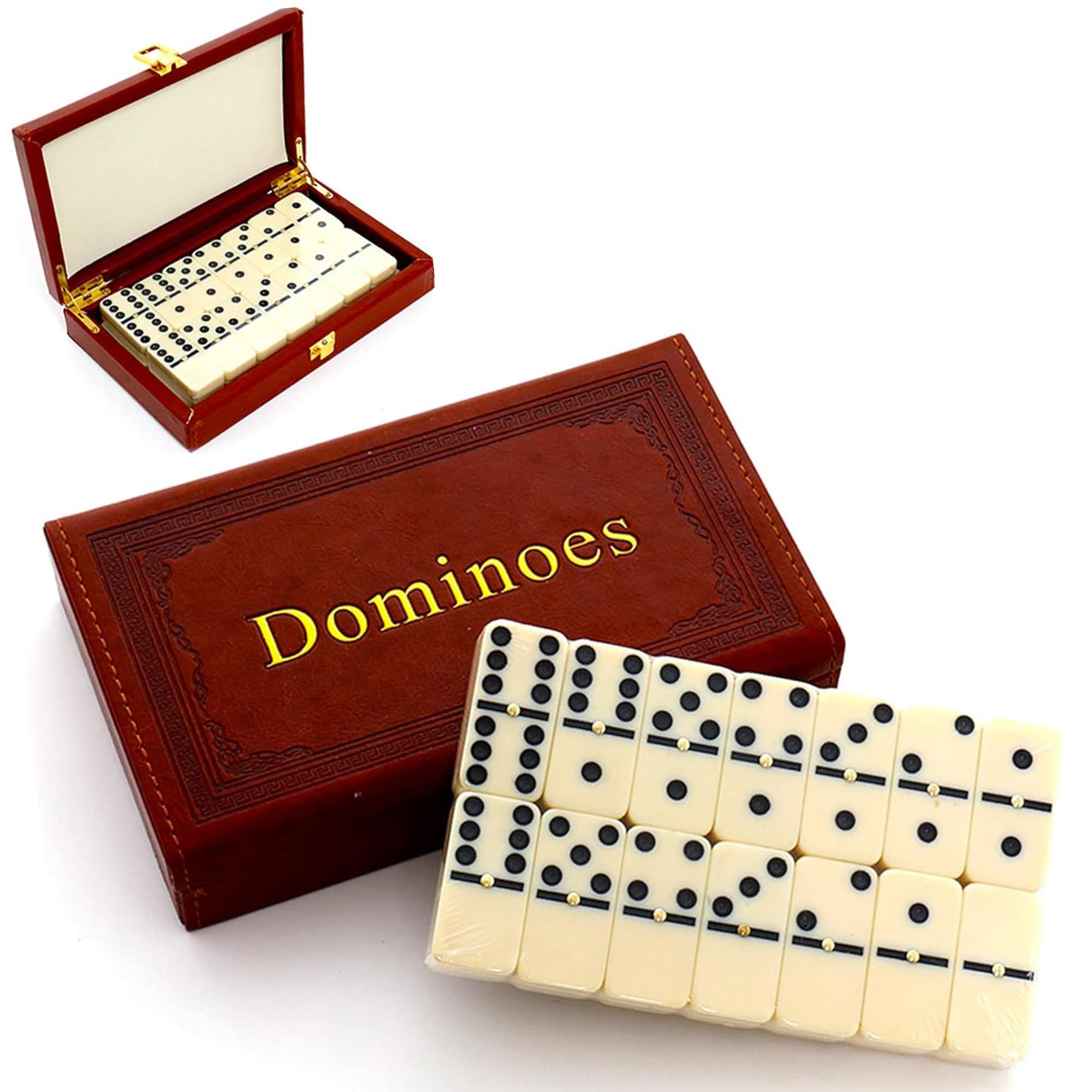 QLSKI Domino, 28 pcs of dense amine dominoes boxed, lndoor board game leather, wooden toys, Packaging board game toys for Adults & Children, 21cm, Traditional and fun games