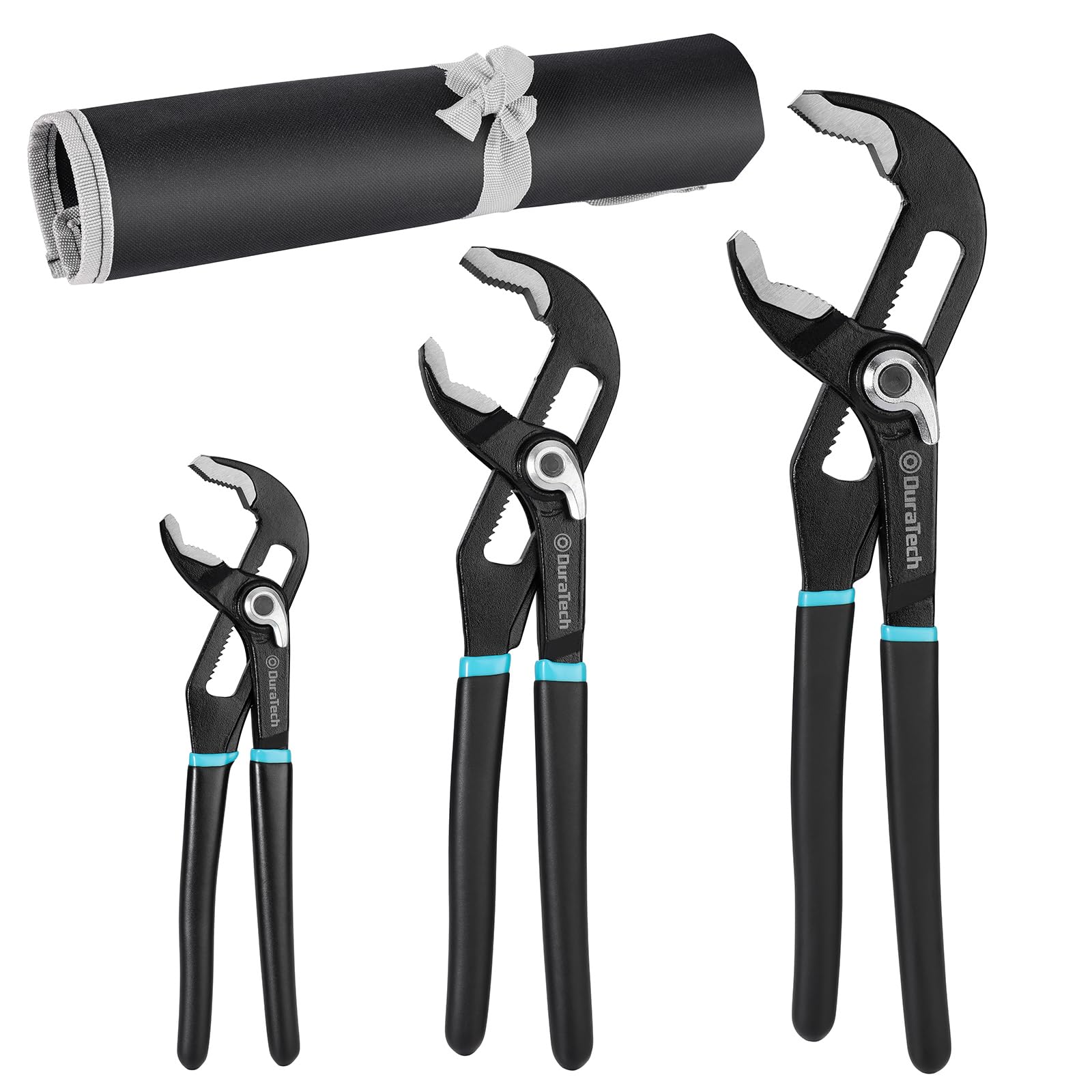 DURATECH 3-Piece Water Pump Pliers Set 200/250/300 mm, Adjustable Groove Joint Pliers, Wide Jaw Capacity Slip Joint Pliers with Non-Slip Handles and Roll-up Pouch for Plumbing and Pipe Work