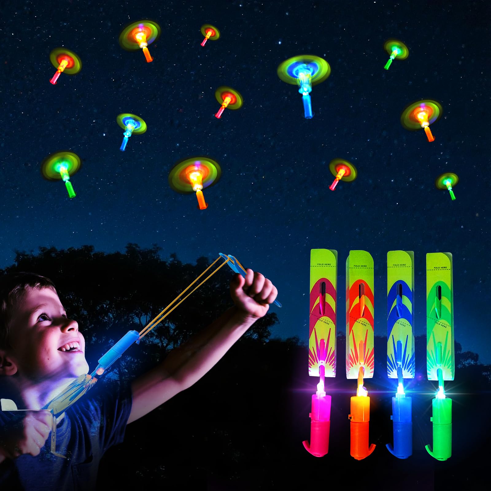 Photo 1 of 25 Packs LED Flying Toys Set with Whistle,25 Rocket Slingshot+25 Glow Arrow Helicopter for Summer Outdoor Camping Toys Game LED Slingshot Toy for Kids Glow in The Dark Party Supplies 8-12,4-8