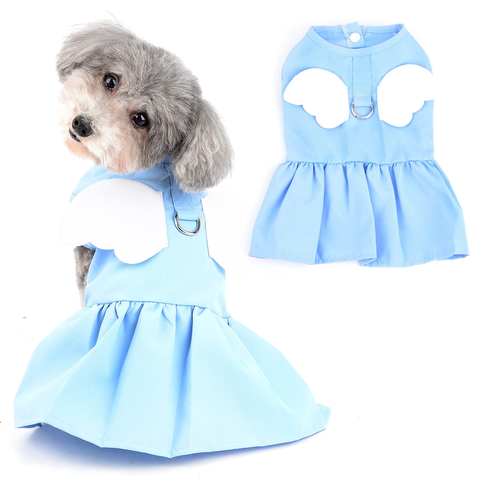Ranphy Angel Wings Puppy Dresses for Small Dogs Girls Pet Clothes with D-ring Doggy Apparel Comfortable Summer Shirt Skirt Chihuahua Yorkie Cats Outfits, Blue, L