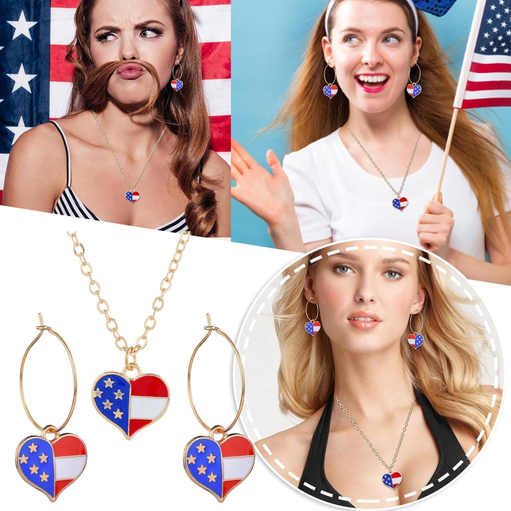 Red White Blue Patriotic Flag Necklace Earrings for Women 4th of July American Flag Pendant Necklace Independence Day Drop Dangle Earring Patriotic Jewelry Set Earrings Set Jewelry Gift
