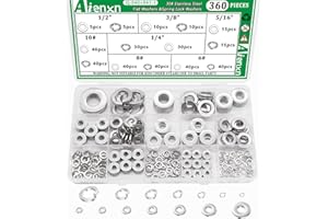 Aienxn 360PCS Flat Washer and Spring Lock Washers Assortment Kit, 304 Stainless Flat Washers for Screws, 7 SAE Sizes Washers for Bolts -1/2, 3/8, 5/16, 1/4, 10#, 8#, 6#, Lock Washer Set