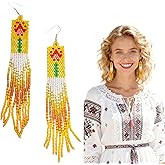 Boho Bollywood Beaded Earrings for Women,Vibrant Yellow Beaded Large Tassel Earrings,Ethnic Tribal Statement Dangle Jewelry for Festival Party Prom Night,Handmade Lightweight Gift for Woman Girls(0.194 oz)