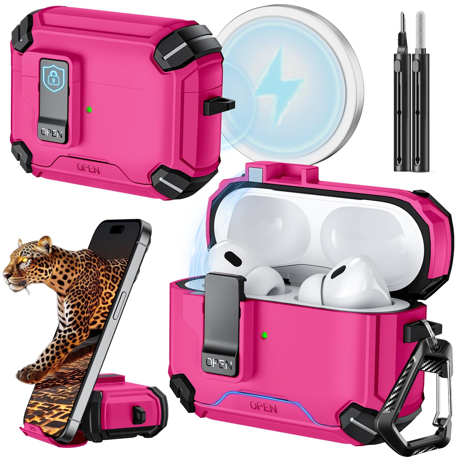 Photo 1 of Inesore Compatible with AirPods Pro 2nd/1st Generation Case Cover with Phone Stand & Cleaning Kit,Compatible with Magsafe,Magnetic Automatic Lock for for iPod Pro Charging Case(USB-C/Lightning Cable)
