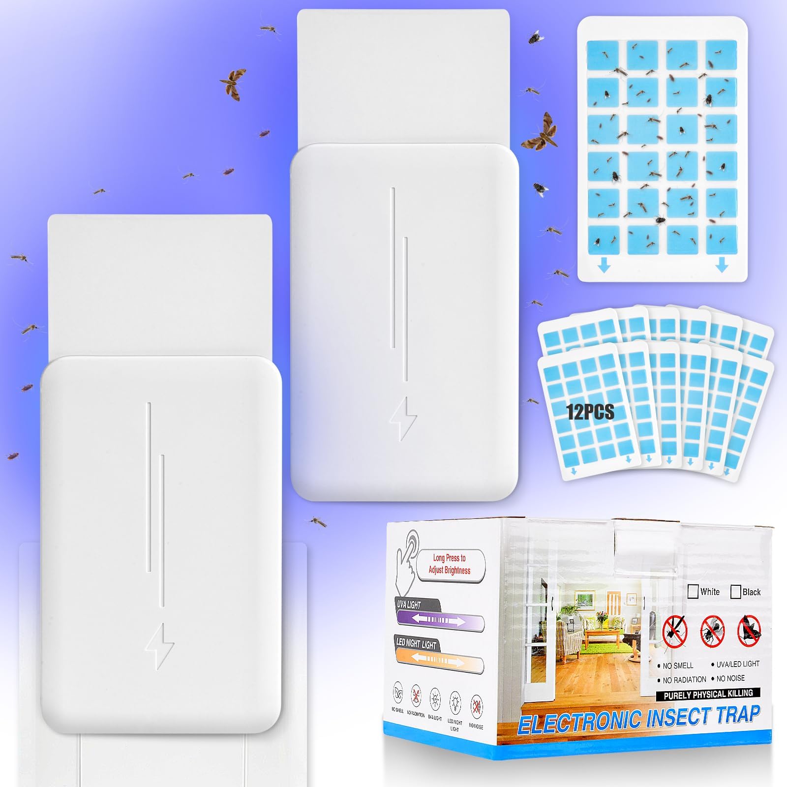 flintronic Fly Catcher Indoor, Fly Trap Indoor, Fruit Fly Traps for Indoors, Gnat Traps for House Indoor, Flying Insect Killer for Gnats, Moths, Fruit Flies, Mosquitoes (2 Device + 12 Refills)