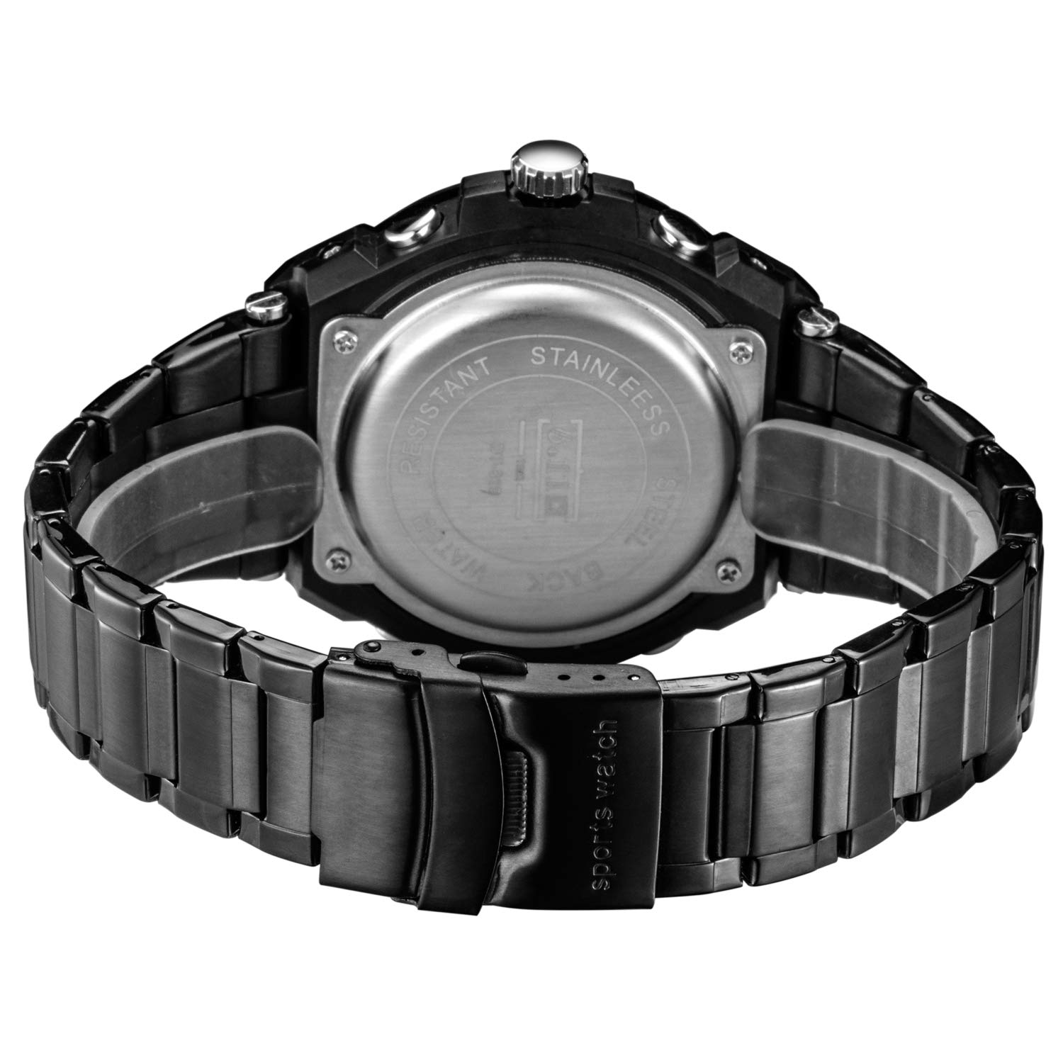 Sailine Reloj multifunción para Hombre, Doble Movimiento con 2 Zonas horarias y Correa de Acero Inoxidable, Sumergible hasta 30 m (Black-Blue)