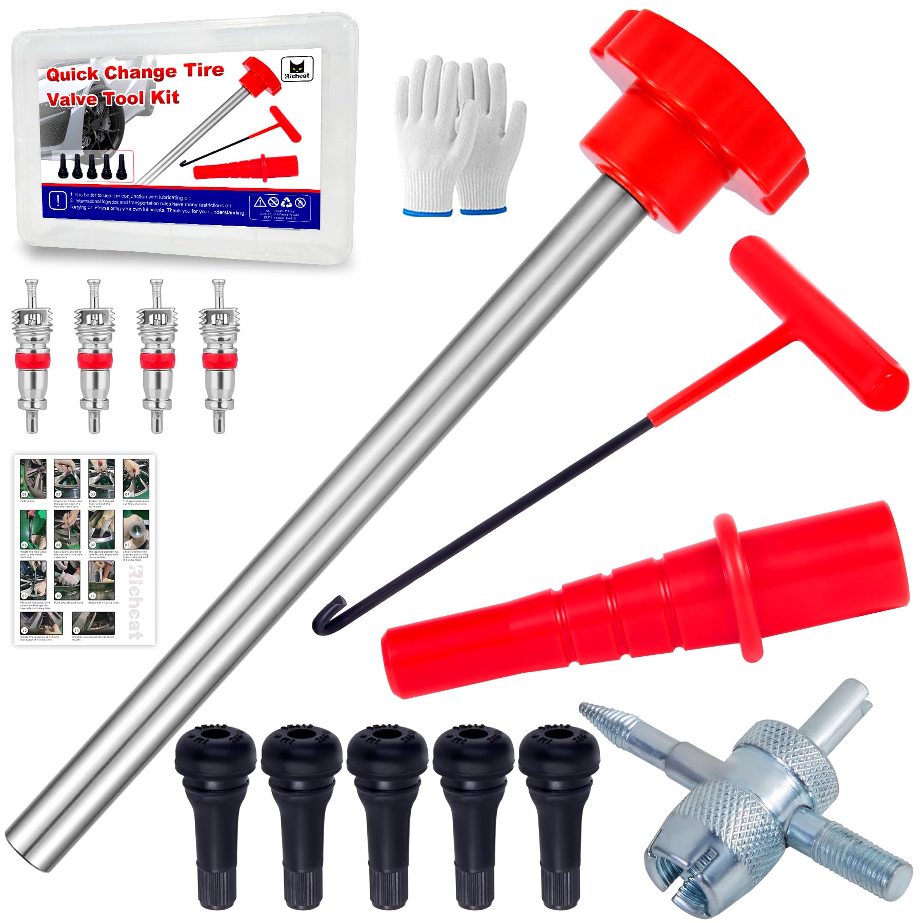 Photo 1 of Quick Change Tire Valve Tool Kit,Tire Valve Stem Core Quickly Replacement Tool Kit,Perfect Tool for Replacing Leaky Valves in Cars,ATVs,Trucks,Motorcycles, etc.with 5 TR413 Valve,4-Way Valve Tool