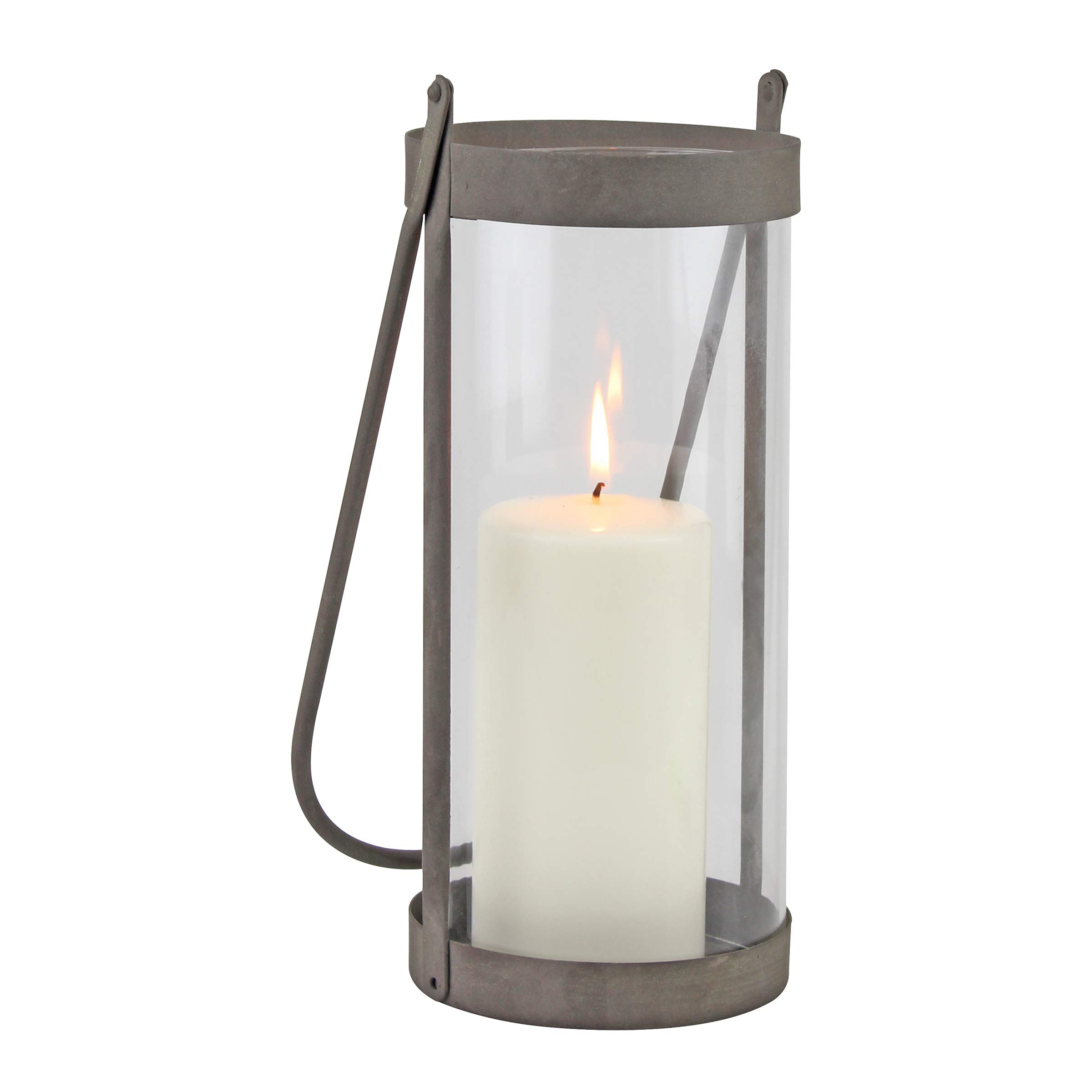 Stonebriar Industrial Glass Cylinder Hurricane Candle Lantern with Rustic Zinc Metal Frame and Handle