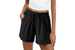 Wide Leg Linen Shorts for Women High Waisted Lace Trim Summer Trousers Boho Drawstring Elastic Casual Pants Loose Fit