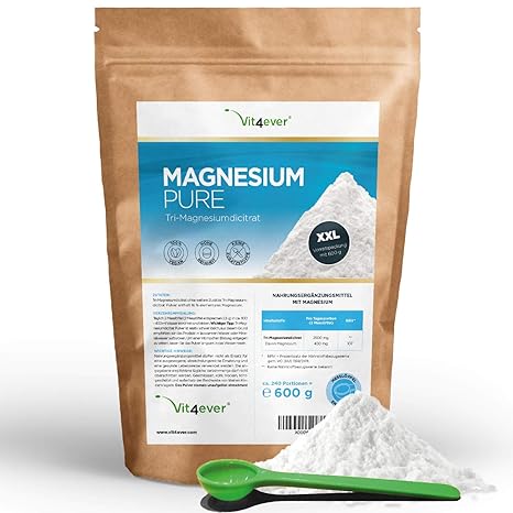 Vit4ever® Magnesium Pure - 600 g Pulver - 100% Tri-Magnesiumdicitrat - Laborgeprüft - reines Pulver ohne Zusätze - Vegan - Ho