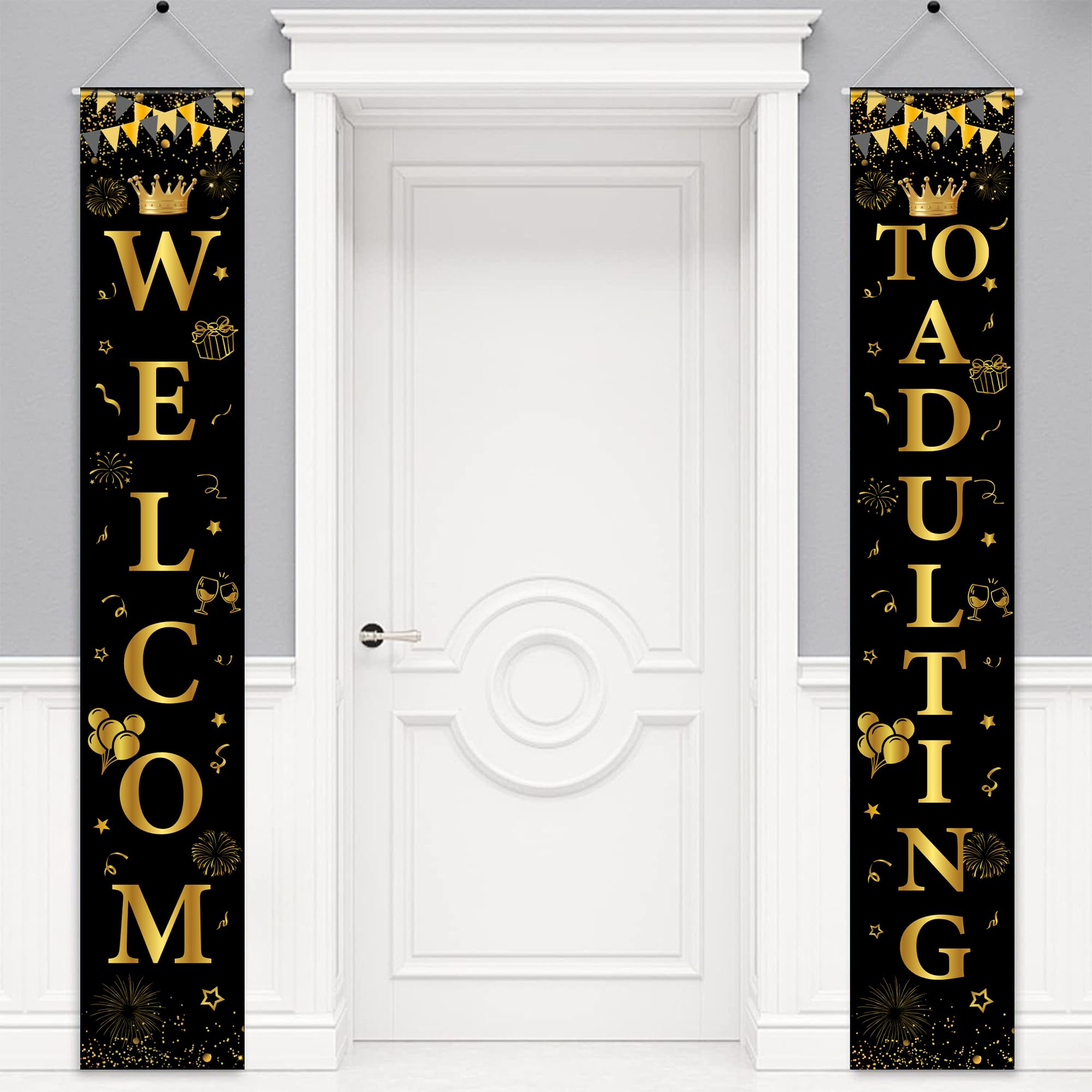18th Birthday Decorations Door Banner - 2 Pcs Black Gold Welcome Adult Door Banners Decoration Set For Boys Girls Adults Coming Of Age Celebration Party Decor Supplies, 180 × 30 CM — image 1