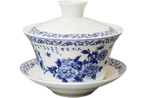 WEOPYCJ Chinese Tea Cup Gaiwan, Traditional Porcelain Teacup, 200ml Cups with Saucer and Lid (6.8oz Peony)