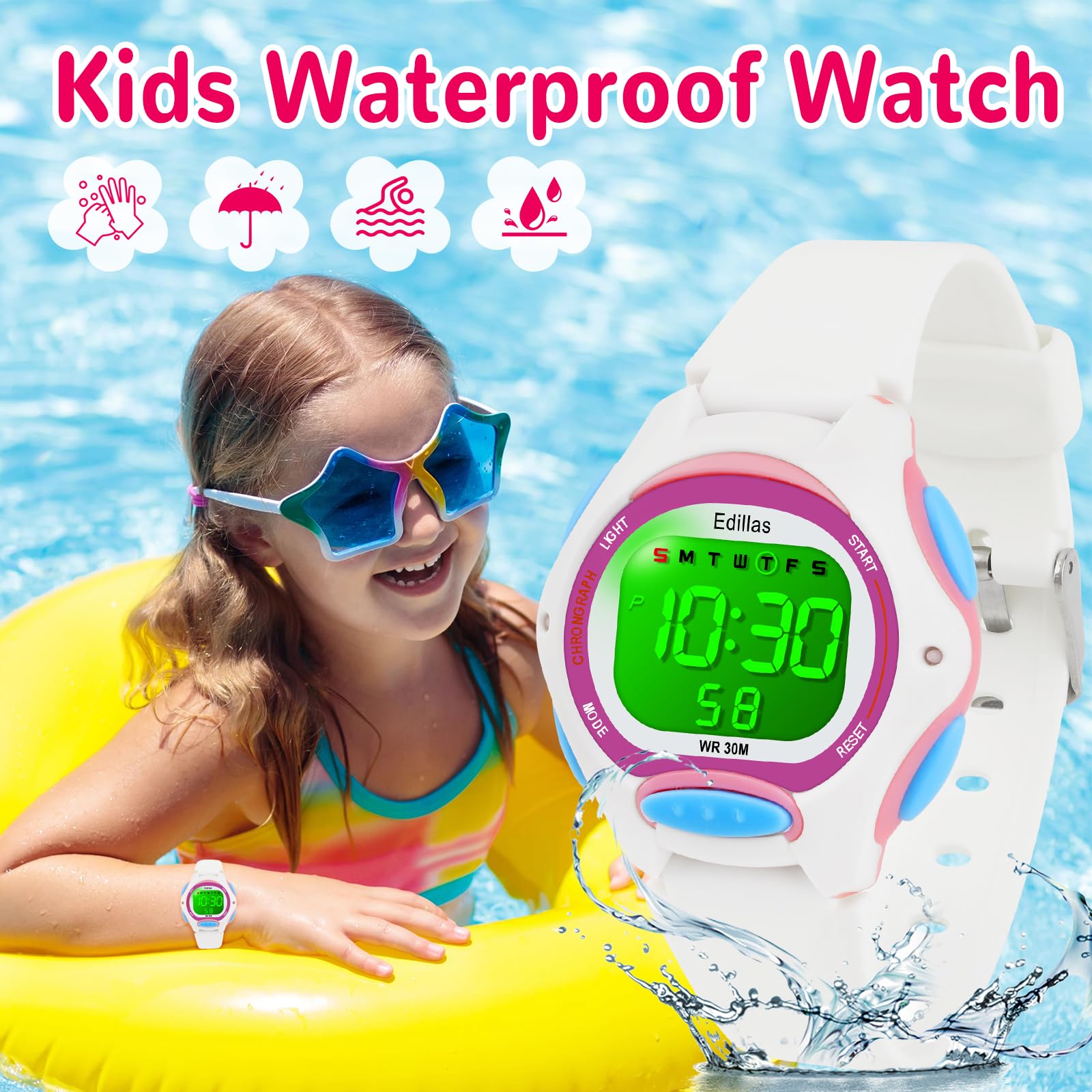 Edillas Kids Watches Digital Girls Boys,7 Colors Light Wrist Watch for Child Waterproof Sport Outdoor Multifunctional Watches with Stopwatch/Alarm for Ages 4-15