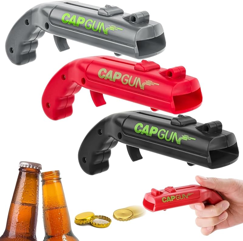 3 Stück Cap Gun,Flaschenöffner Lustig, Kronkorken Pistole, Bierdeckelpistole, Cap Gun Flaschenöffner Pistole, Gadgets für Männer für Zuhause Bar Party Trinken und Spie — Foto 1 von 7