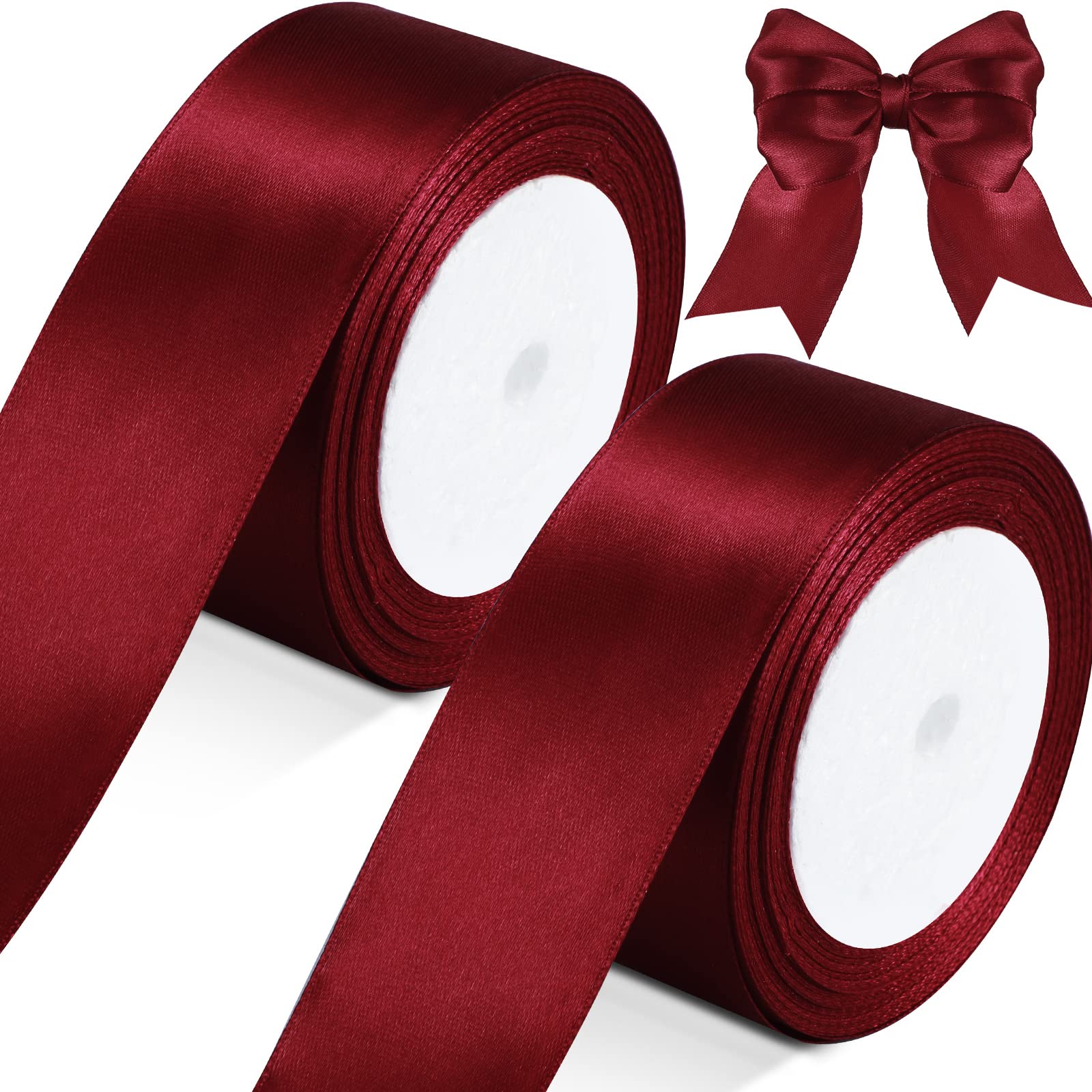 Photo 1 of 2 Rolls Burgundy Ribbon 50 Yards 1.5 Inches Wide Double Faced Polyester Solid Satin Ribbon for Valentine's Day Christmas Wedding Present Wrapping Crafts Burgundy Party Decoration