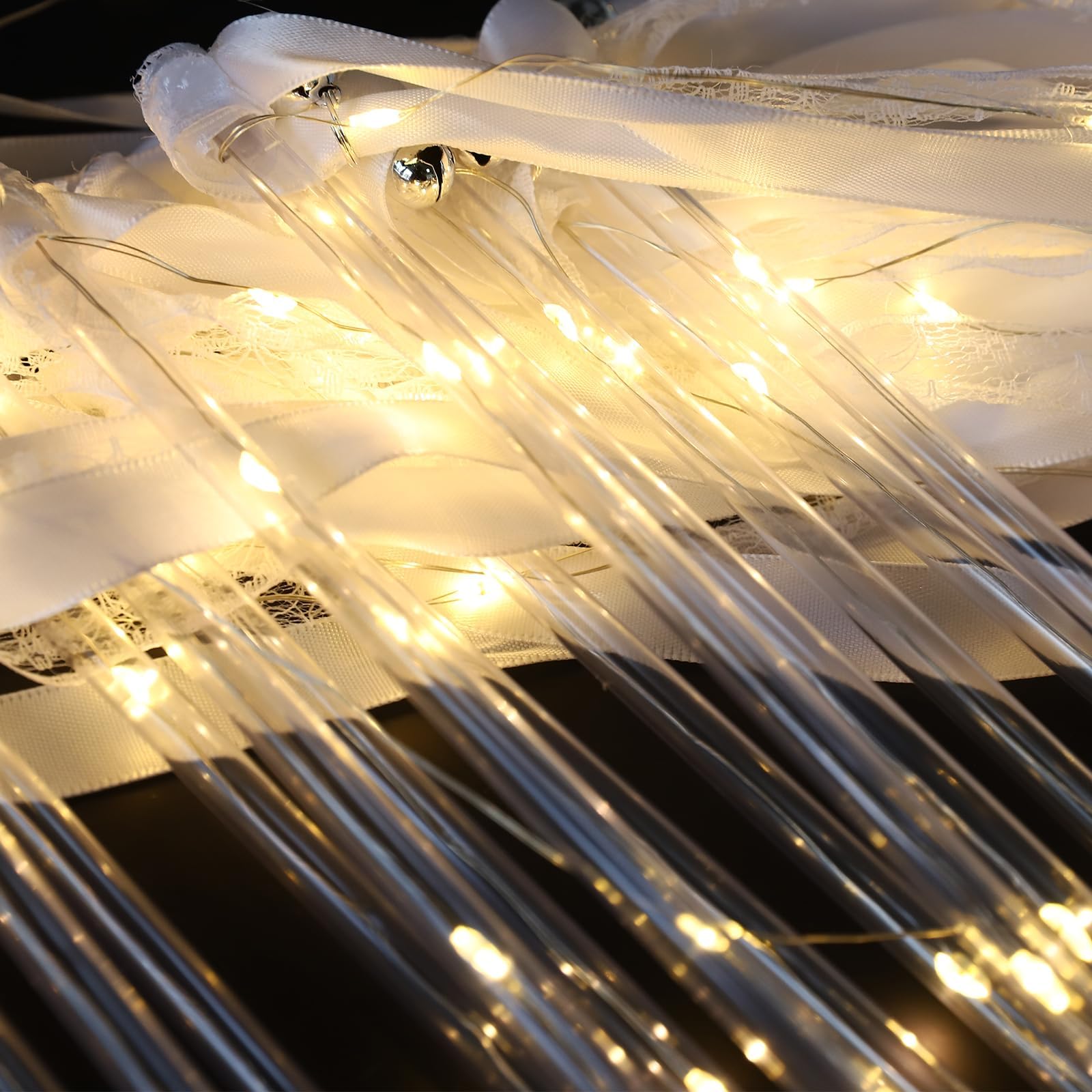 Photo 1 of 24 Pcs  Wands for Wedding, Wedding Wands Ribbon with 3 Colorful Flashing Modes, LED Silk Fairy Wands Wedding Sparklers with Bells for Wedding, New Year, Concert, Festival Decorations (White)