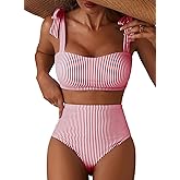 Herseas Women's Tie Shoulder Bikini Sets 2 Piece Striped Swimsuits High Waisted Bathing Suits