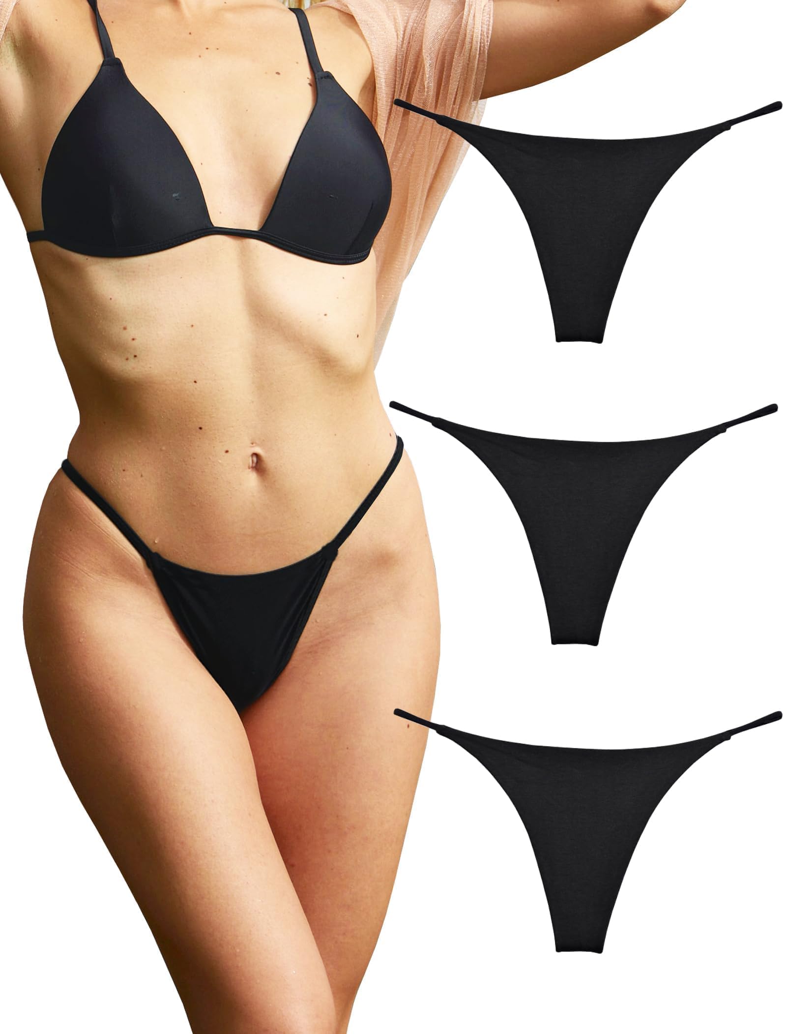 Photo 1 of KUKU PANDA Cotton Thongs for Women Sexy Seamless Woman G String Panties 3 Pack Set (Black, Medium)
