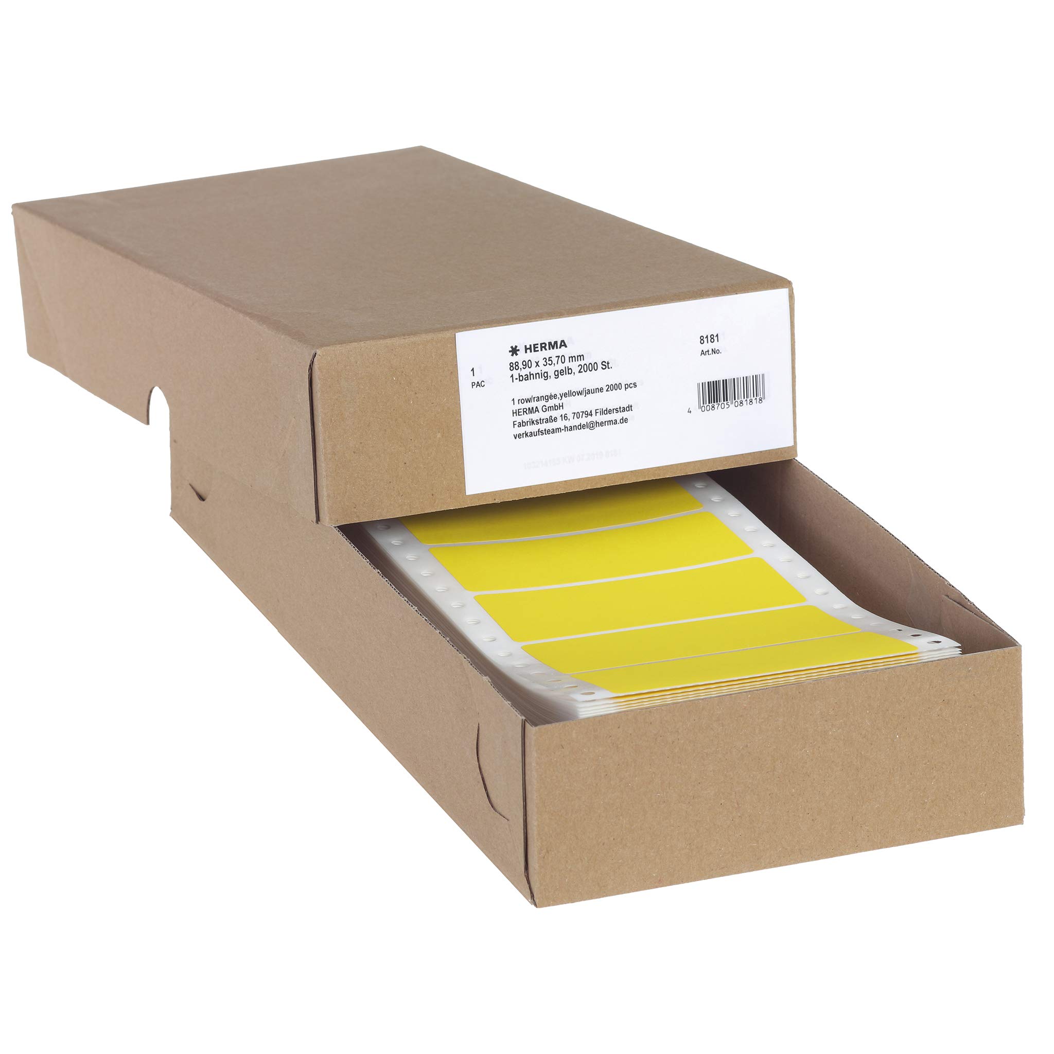 HERMA Continuous Computer Labels, 88.9 x 35.7 mm, Single-Track, 2000 Pieces, Self-Adhesive, Continuous Labels with Guide Hole Edge, Matte, Blank Paper Computer Labels, Yellow