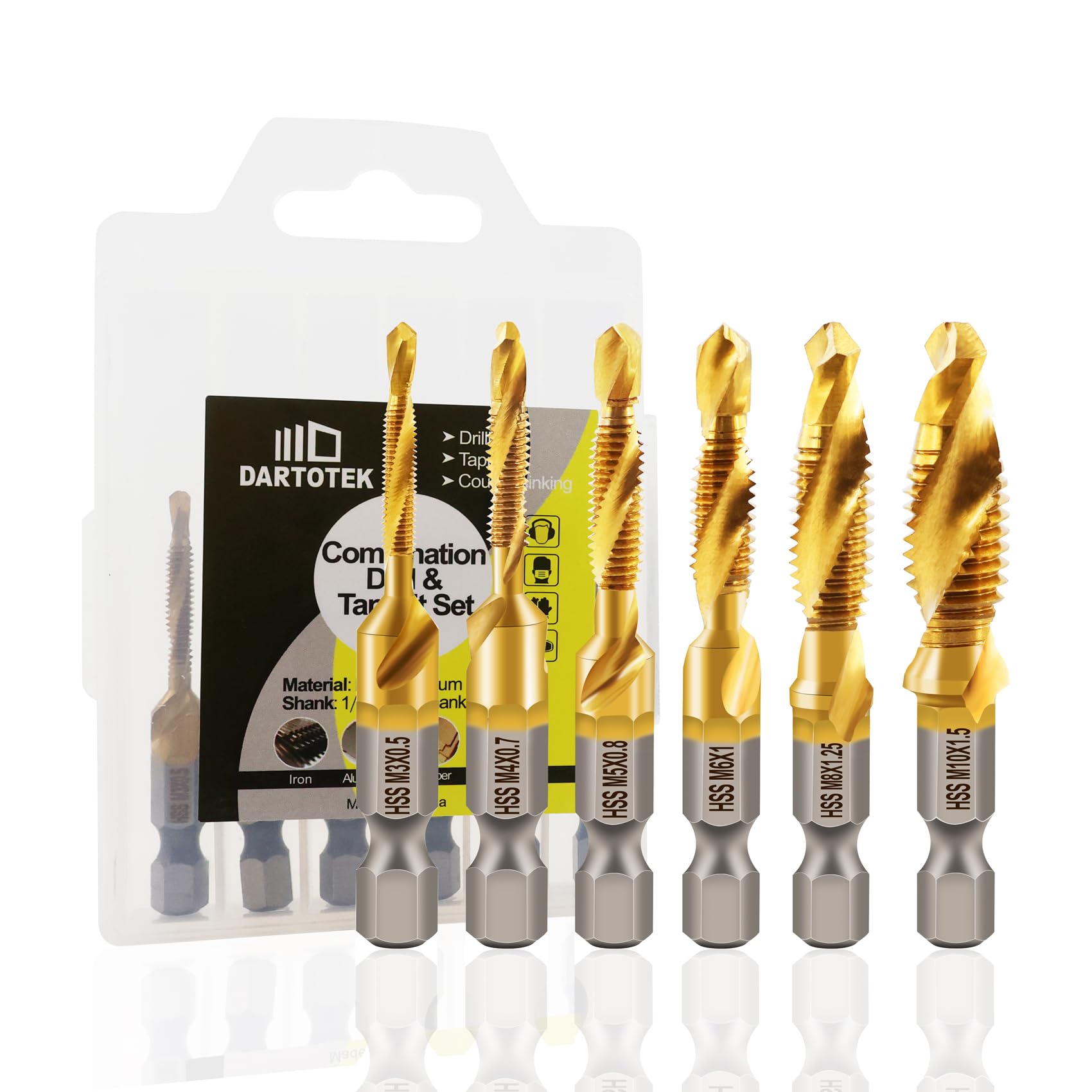 DARTOTEK 6pcs Titanium Coated Metric Screw Tap Drill Bit Set for Drilling, Tapping, Countersinking