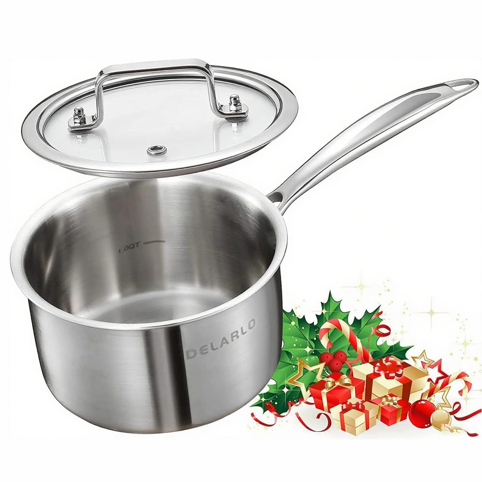 DELARLO Stainless Steel Saucepan with Lid 2.0 Litre 16cm, Induction Cooking Sauce Pot Sauce Pans, 18/8 Tri-Ply Stainless Steel Heavy Bottom Saucier Pot Cookware