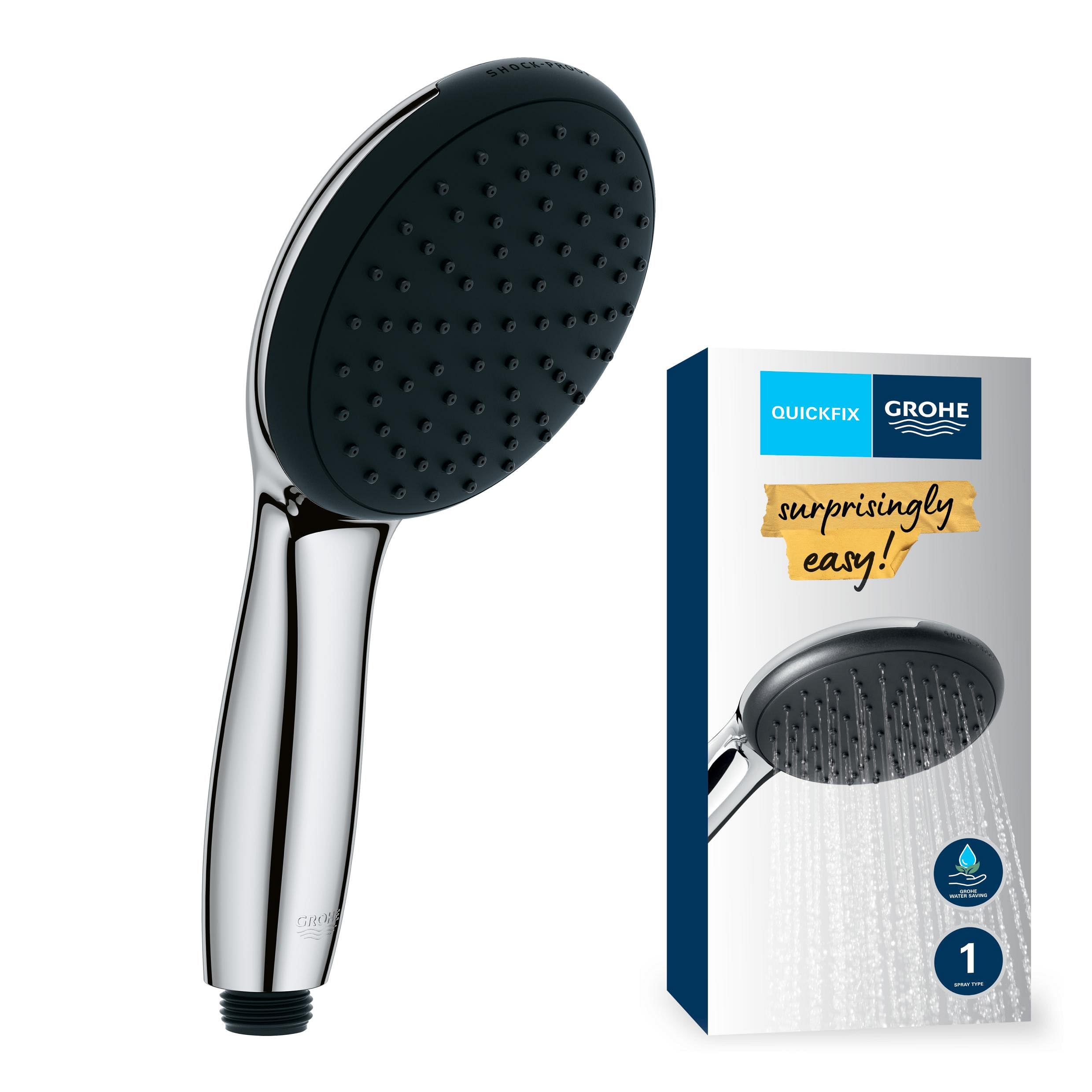 GROHE Vitalio 110, Duschkopf wassersparend, 8l pro Min (Handbrause 1 Strahlart, Universalanschluss, Silikonring schützt Duschbrause bei Stürzen), rund, chrom, 27940001