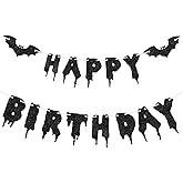 Morofme Glitter Black Happy Birthday Banner Halloween Birthday Sign Bat Banner Glitter Halloween Horror Themed Hanging Paper Garland Banners Decorations for Kids Boy Girl Party Supplies