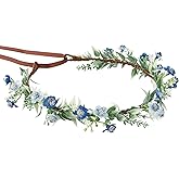 KorViSHOW Handmade Blue Flower Crown Green Leaf Headdress for Women Girls Flower Headband Bridal Headpiece Fairy Wreath for Birthday Party Festival Cosplay