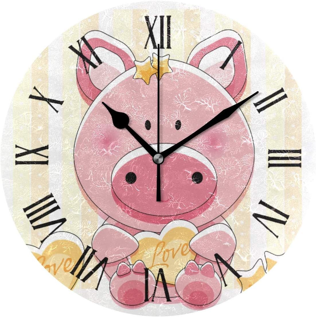 VVIEER Silent Easy to Hang Home Decor Non Ticking 10 Inch Kitchen Round Wall Clock Lovely Pink Pig Heart Striped Star