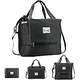 Foldable Travel Duffle Bag with Multiple Pockets, 40L Expandable Weekender Bag for Women, Overnight Carry On Gym Tote with Water Bottle Holder (Black)