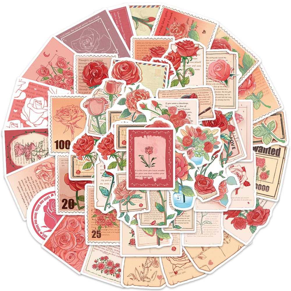 50Pcs Rose Stickers Laptop Car Scrapbook Phone Skateboard Suitcase Luggage Bike Rose Stickers Vinyl Waterproof Aesthetic Personalised Stickers for Teens Boys Girls Adults Children