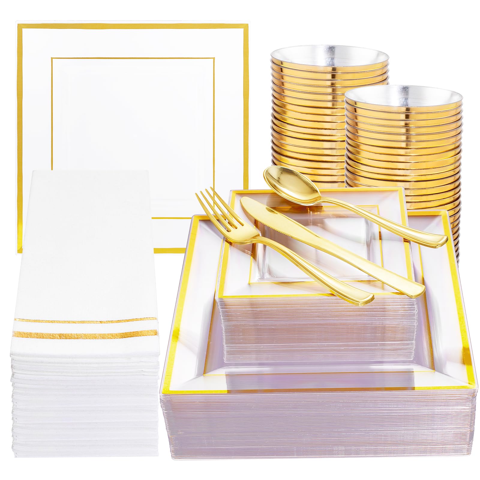 Photo 1 of Festiva 350Pcs Clear Plastic Plates with Gold rim - Clear Gold Disposable Dinnerware for 50 Guests include 100 Square Plastic Plates 50Cups 50Cutlery 50Napkins Perfect for Thanksgiving Party&Wedding