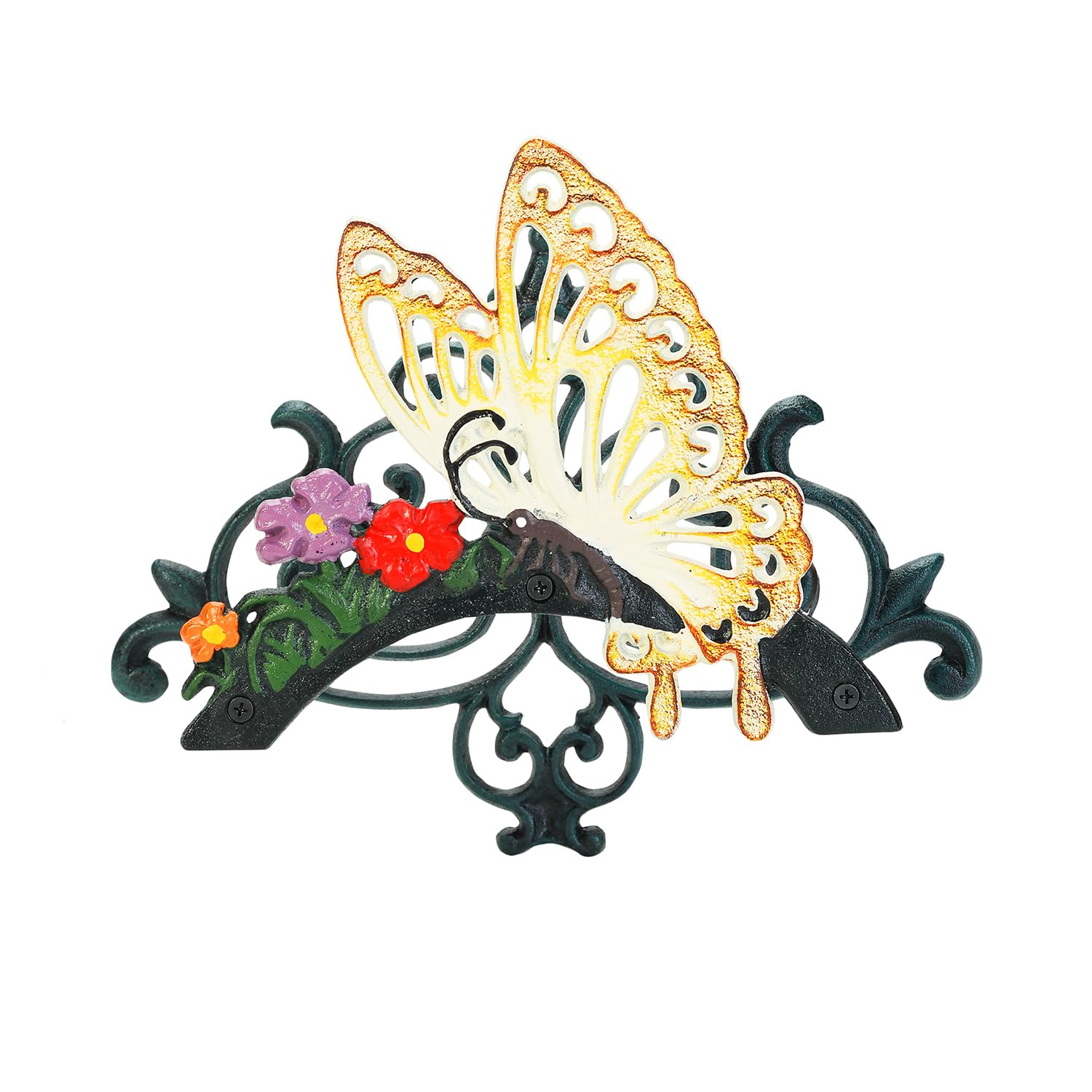 Sungmor Garden Hose Pipe Holder Wall Mounted, Heavy Duty Cast Iron Watering Hose Reel Hanger Wall Hanging Rack, Pretty Vintage Ornamental Hose Storage, Colored Butterfly Outdoor Landscaping Decór