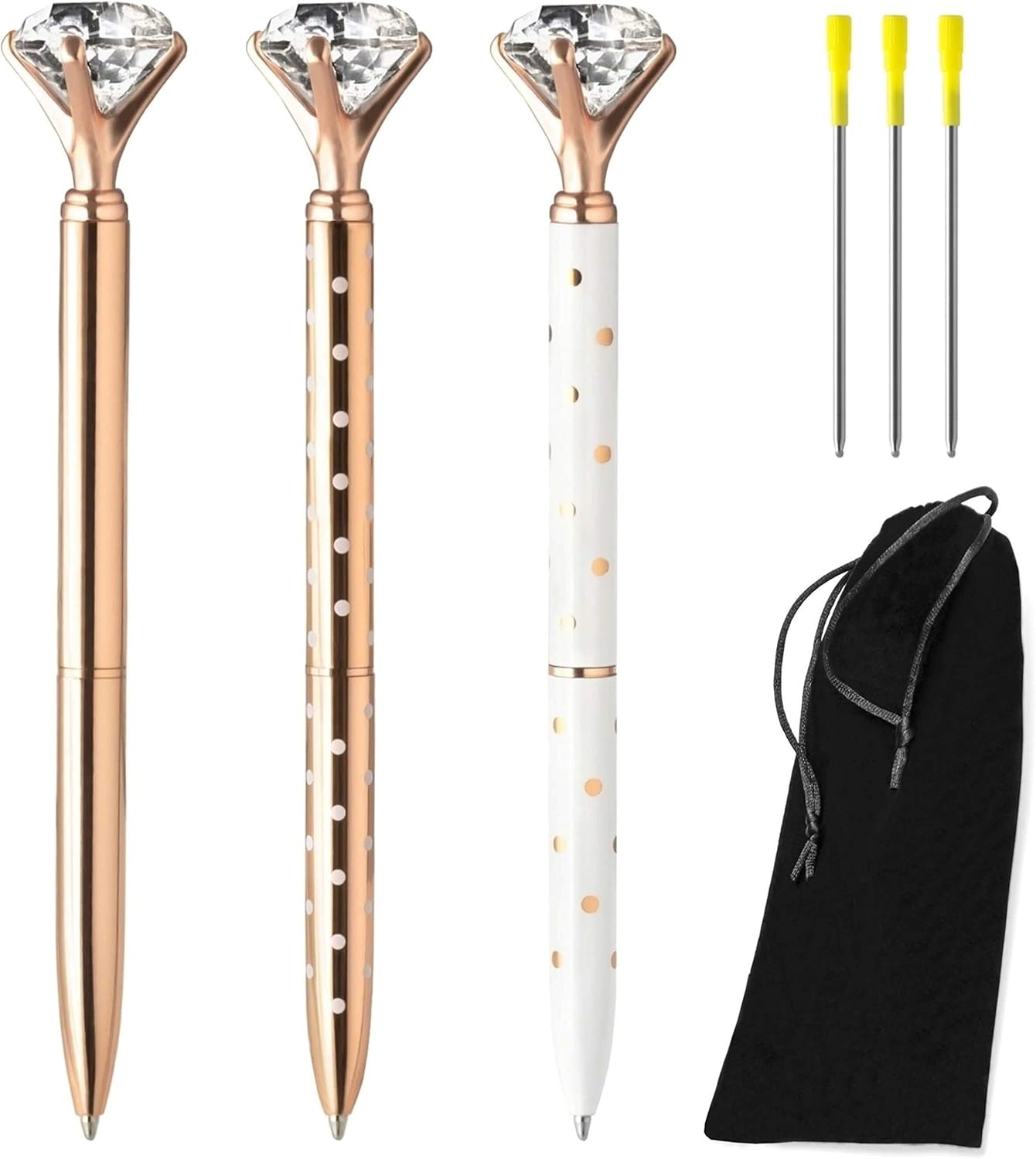 ILSTAR 3 PCS Big Diamond Pens Rose Gold – 3 Black Ink Refills, Cute Bag for Women Girls Coworker Bride, Cool Pretty Ballpoint Pen with Crystal on Top for Writing Fancy Bling Office School Supplies Set