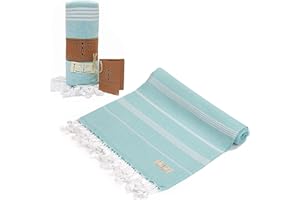 SMYRNA TURKISH COTTON Classical Series Beach Towel | 71 x 37 in | Extra Large Wearable Turkish Bath Towel | Made in Turkey | No Shrink | Premium Luxury Striped Linen - Aqua