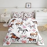 Erosebridal Western Comforter for Kids Boys Girls, Romantic Farm Horse Gifts for Girls, Twin Kawaii Watercolor Horse Bedding Set, Cute Rustic Animal Quilt with 1 Pillowcase Bedroom Decor