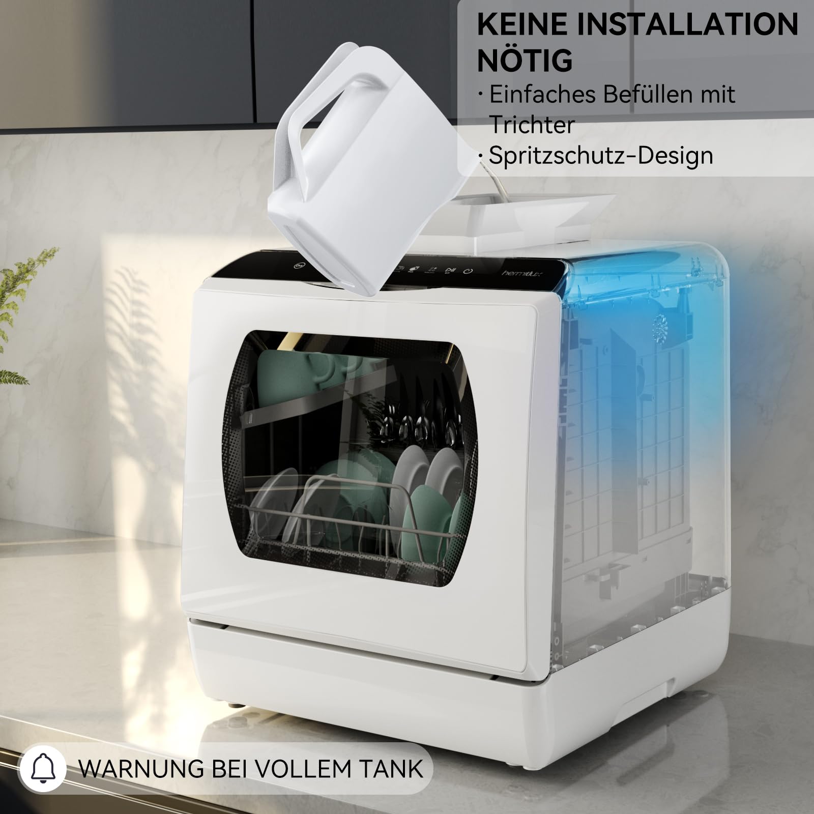 Hermitlux Mini Geschirrspüler, Spülmaschine für 4 Bestecksätze, 5 Liter Wassertank, 6 Programme Mini Tischgeschirrspüler, Perfekt für Wohnungen, Schlafsäle, Camping, Weiß 7