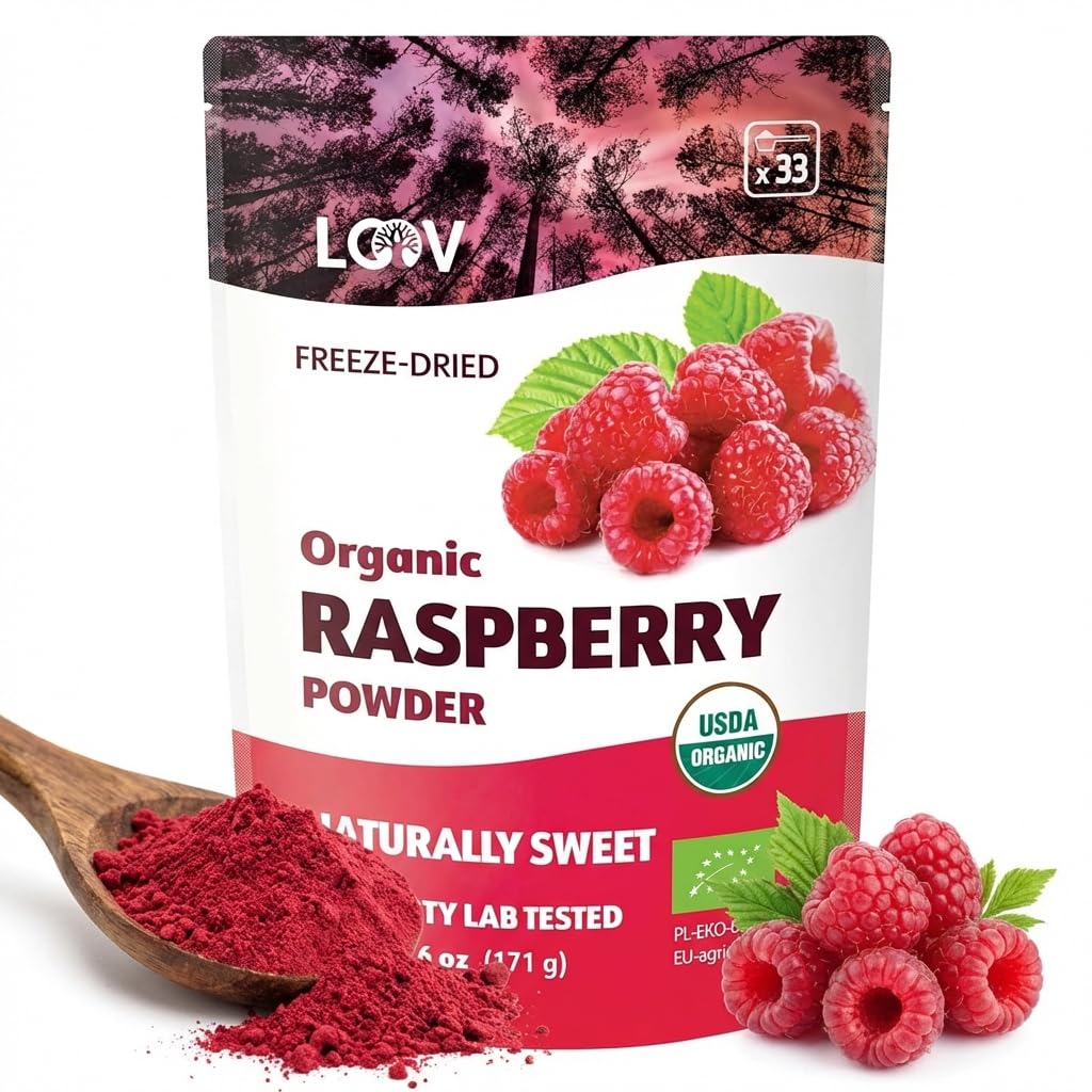 LOOV Organic Raspberry Powder, Made from 100% Whole Raspberries, Powdered Freeze Dried Raspberries, 171 g, Grown in Europe, 24-Day Supply, No Added Sugar