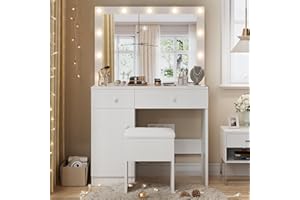 Haewon Makeup Vanity Desk with Lighted Mirror, White Vanity with Chair Power Outlet Drawers Cabinet, Dressing Table Set with 3 Lighting Modes for Bedroom