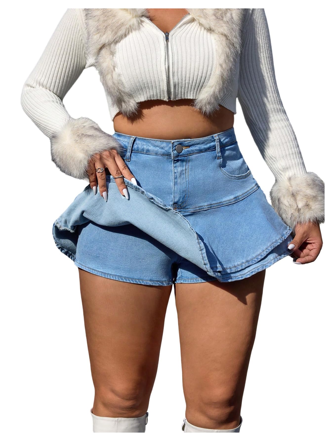 Photo 1 of Floerns Women's Plus Size High Waisted Jean Skorts Layered Ruffle Hem Denim Skirt Shorts Medium Wash 3X-Large Plus