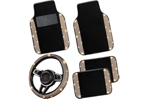 NBTEPEM Bling Car Floor Mats Full Set and Steering Wheel Cover, Universal Fit Most Cars, 4 pcs Sparkle Glitter Diamond Carpet, 5 pcs Bling Car Accessories Set for Women (Gold Champagne Diamond)