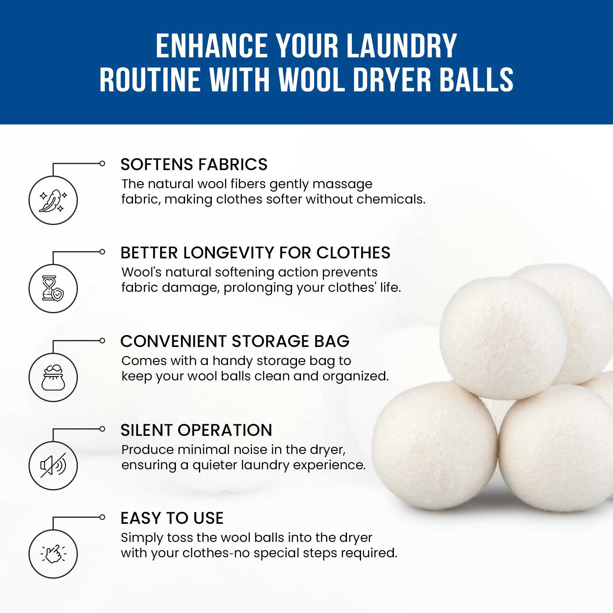 Ezhippie Quality Wool Dryer Balls - 6 XL Pack - 1000+ Loads - Pure Organic Wool - Reusable Natural Fabric Softener Perfect with Essential Oils, Reduce Clothing Static and Wrinkles