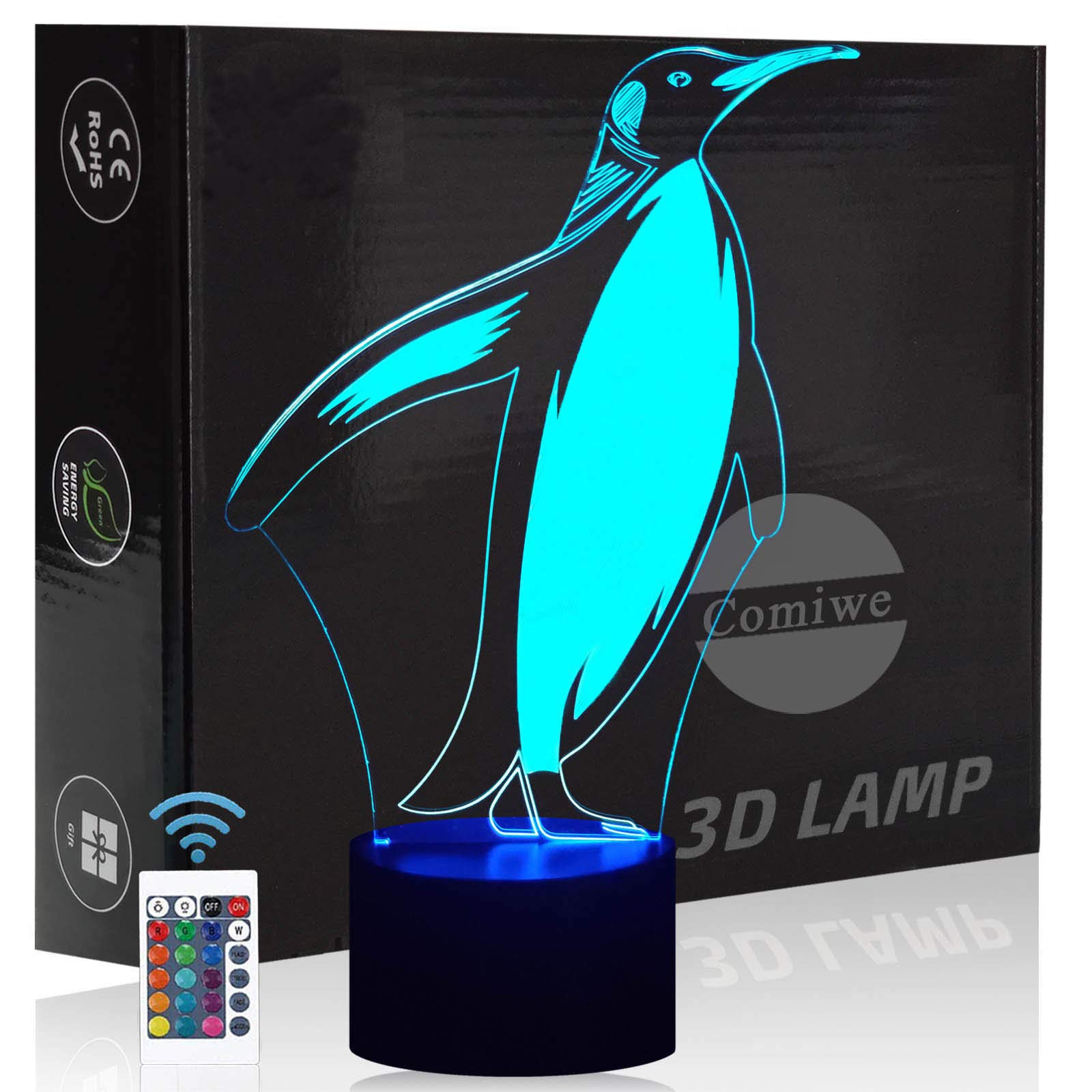 Comiwe Penguin 3D Illusion Night Light Toys,16 Colours Change Smart Touch & Remote Control,Home Decor LED Bedside Table Desk Lamp,Christmas Birthday Gift for Girls Boys Kids Adults Friends & Family