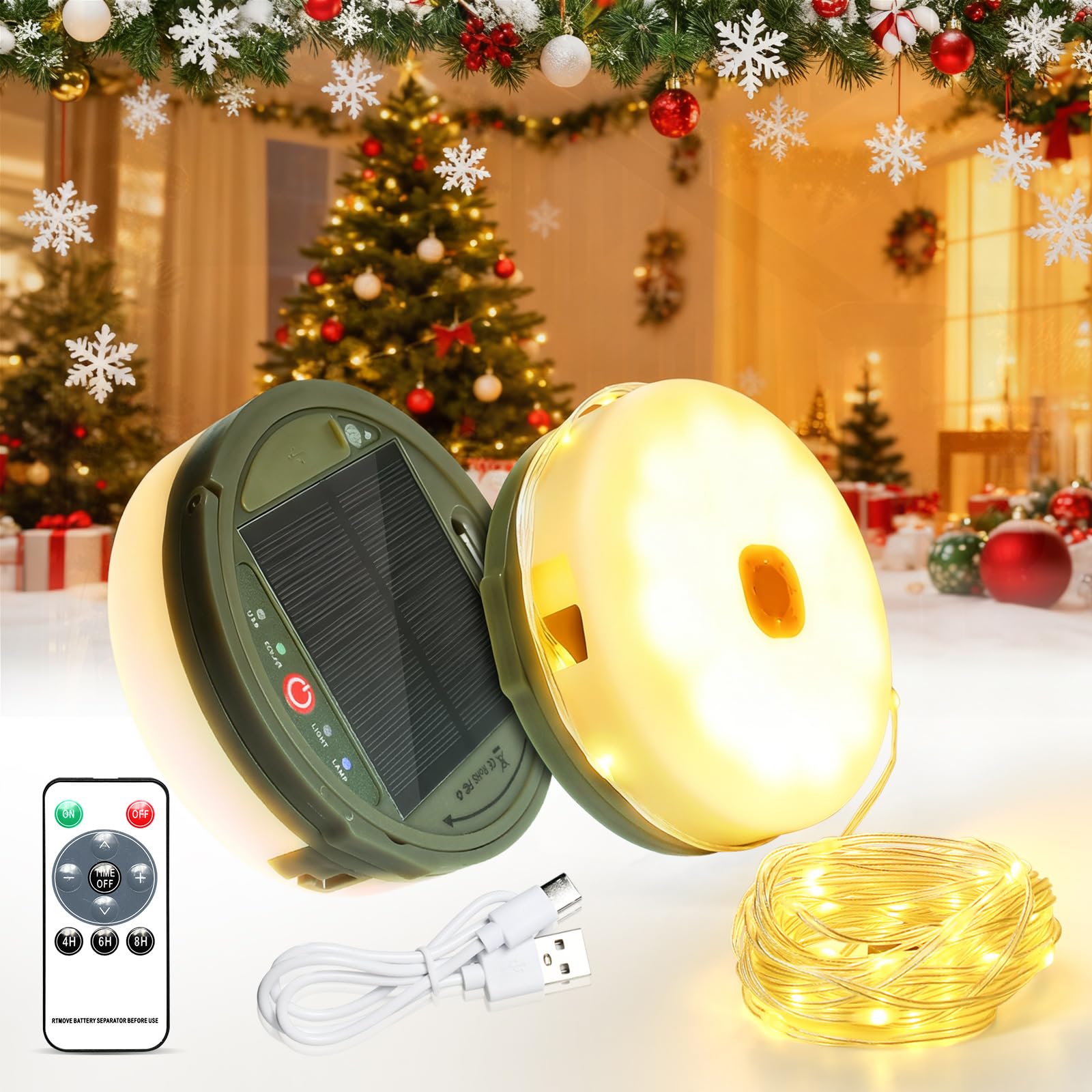 Outdoor Waterproof Portable Stowable String Light,12M 120LED Solar Camping String Lights Reel,Portable 2 in 1 Christmas Fairy Lights,USB Rechargeable for Camping,Yard,Garden,Patio,Warm White