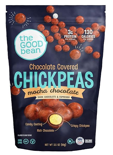 THE GOOD BEAN CHOCOLATE COVERED CHICKPEAS – MOCHA CHOCOLATE – 3.5 OZ RESEALABLE BAG – CRISPY CHOCOLATE CHICKPEA BEANS – CHOCOLATE SNACK WITH GOOD SOURCE OF PLANT PROTEIN AND FIBER
