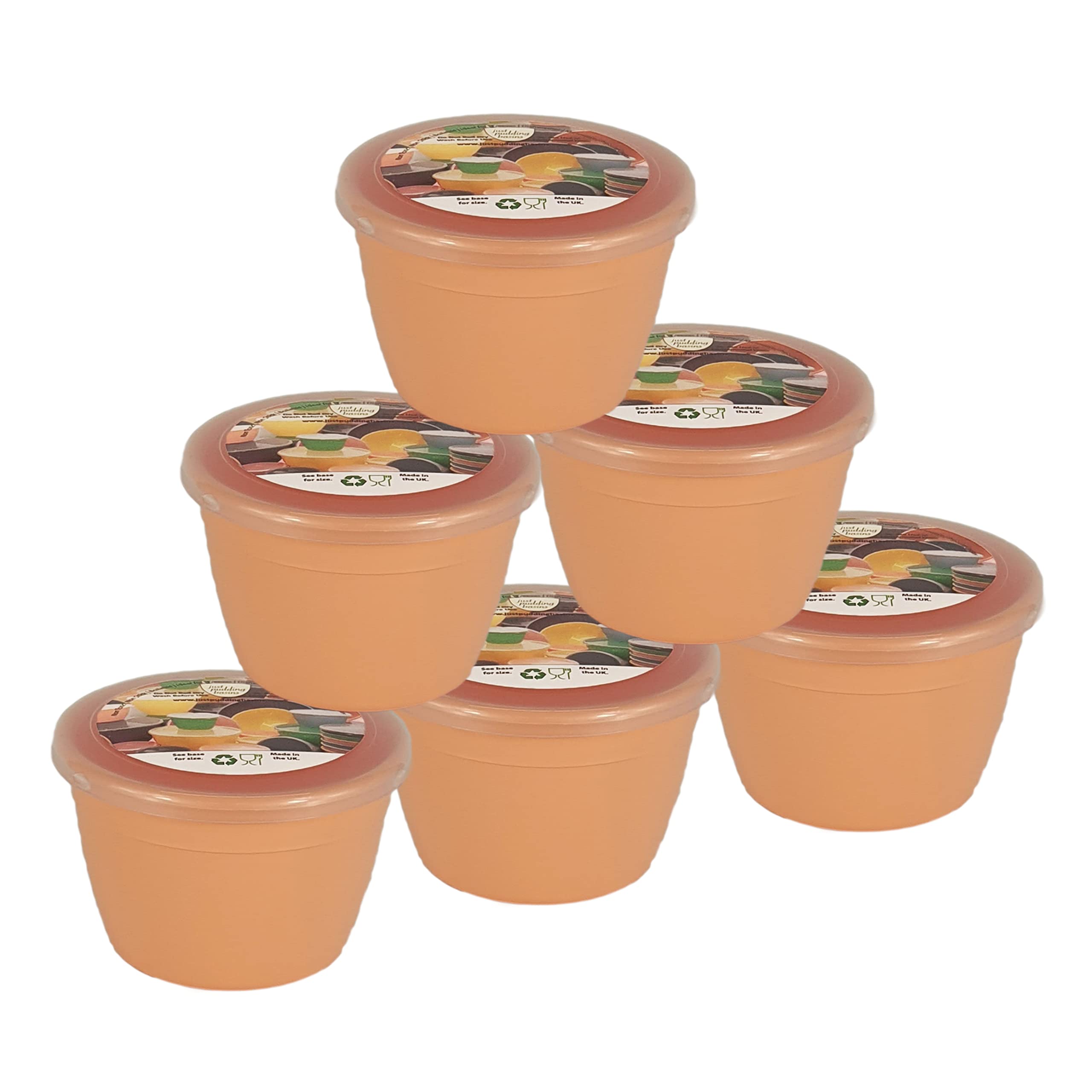 Just Pudding Basins Pastel Colours 1/4 Pint Small Basin and Clear Lid 0.25pt Pack of 6 Plastic Steaming Bowls (Peach)